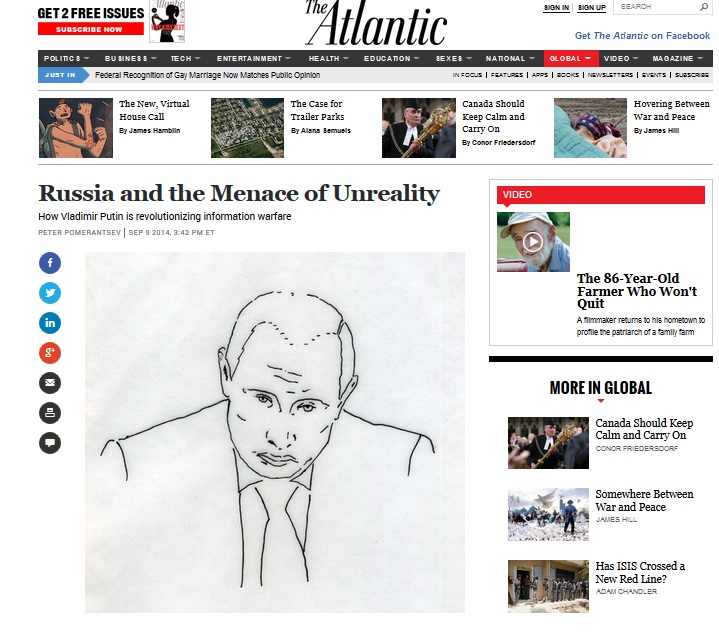 Пітер Померанцев у статті для The Atlantic: «Росія винаходить дійсність, створюючи масові галюцинації»