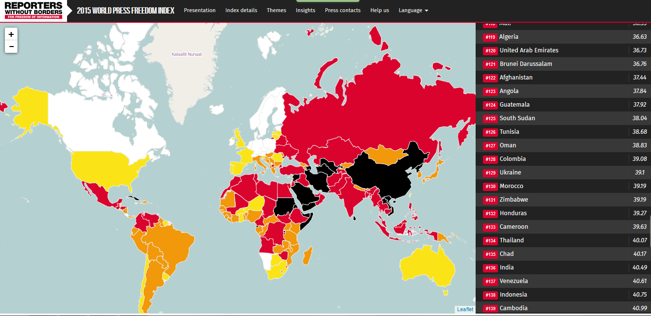 Україна посіла 129 місце у Всесвітньому індексі свободи слова «Репортерів без кордонів»