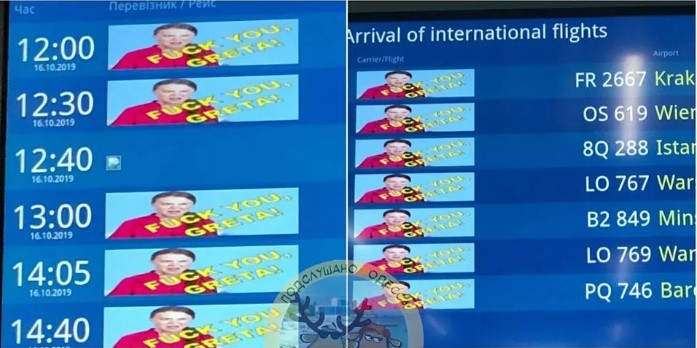 Хакери розмістили на табло одеського аеропорту образливий напис із фото Грети Тунберг