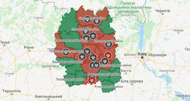 Чумні квартали: Житомирська ОДА  оприлюднила карту з позначками вулиць, де мешкають хворі на COVID-19