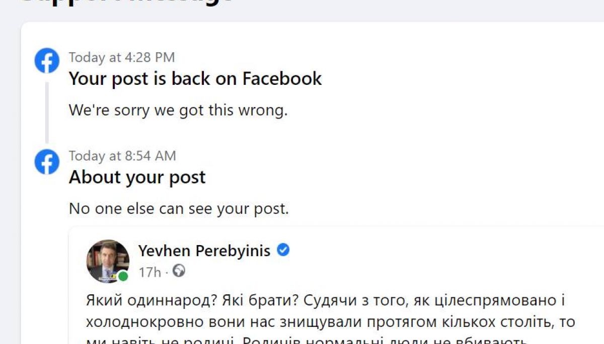 Facebook вибачилася й повернула видалений пост українського посла в Чехії